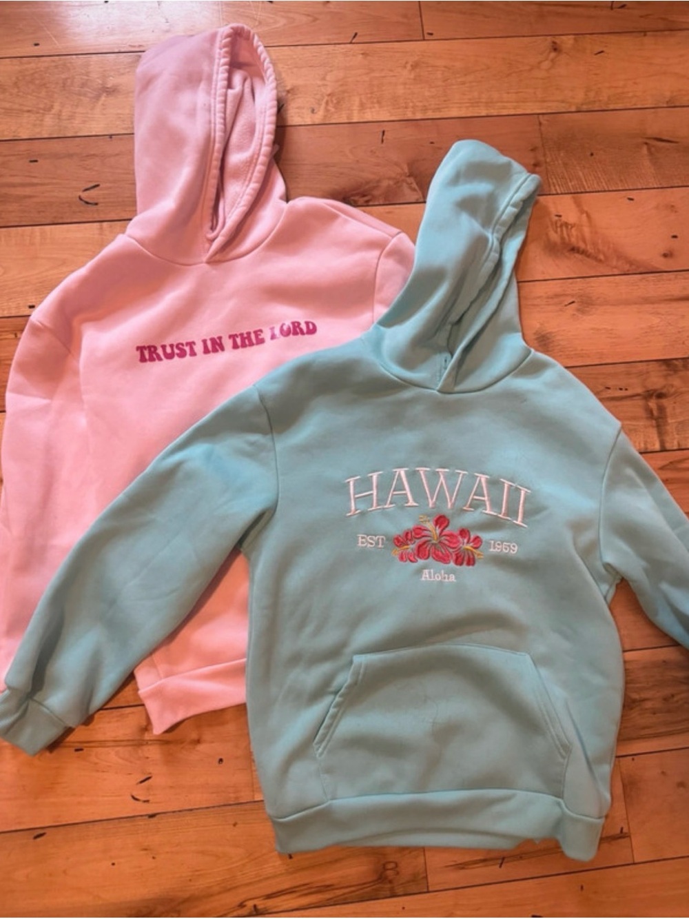 Amazon Pink and Light Blue Graphic Hoodies